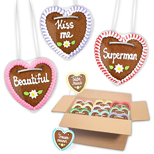 100x Lebkuchen Herzen Mischkarton - Party Sprüche 10cm - Frisch & Saftig! Lebkuchenherz Motto Party Mitgebsel von Lebkuchenwelt