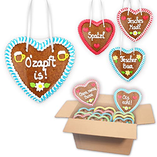 20x Lebkuchen Herzen Mischkarton - Bayerische Sprüche 14cm - Premium Qualität Frisch & Saftig Lebkuchenherz Bayrische Motto Party LEBKUCHEN WELT von Lebkuchenwelt