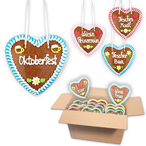 20x Lebkuchen Herzen Mischkarton - Oktoberfest Sprüche 14cm - Premium Qualität Frisch & Saftig Lebkuchenherz Wiesn Sprüche Motto Party LEBKUCHEN WELT von Lebkuchenwelt