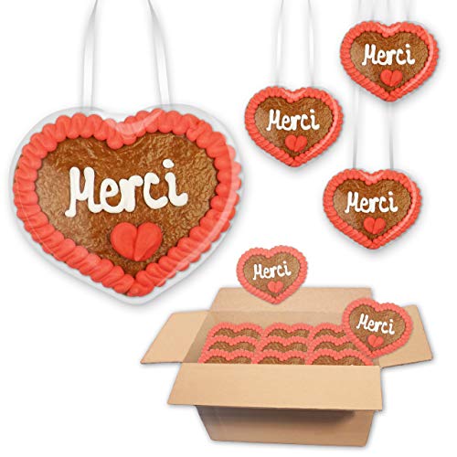 30 Stück Lebkuchenherzen mit - Merci - Schriftzug - je 8x8cm - Super als Dekoration oder süßes Accessoire von Lebkuchenwelt