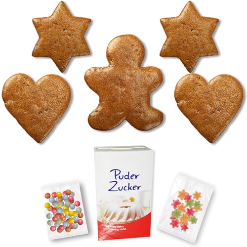 5x Lebkuchen Rohlinge zum selbst Verzieren - Je 2x Herz 2x Stern 1x Mann - Bastelset mit Schokolinsen und Fruchtgummi - Basteln für Weihnachten ca.490g LEBKUCHENWELT von Lebkuchenwelt