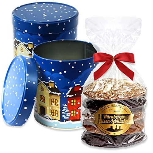 Geschenkdose Blau gefüllt - 5 Elisenlebkuchen gemischt 400g - Lebkuchen Geschenke Dose für Weihnachten Keksdose Plätzchendose Weihnachtsdose Lebkuchenwelt von Lebkuchenwelt