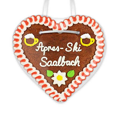 Lebkuchenherz 12cm mit Spruch - Apres-Ski Saalbach | Kleine Lebkuchenherzen wie vom Oktoberfest | Apres Ski Party Deko Ideen | Ski Deko Apres Ski | Lebkuchen Herz günstig bestellen von LEBKUCHEN WELT von Lebkuchenwelt