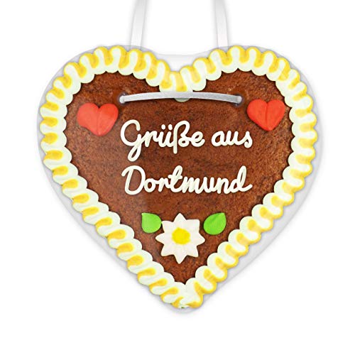 Lebkuchenherz 12cm mit Spruch - Grüße aus Dortmund | Lebkuchen Geschenke & nette Grüße verschicken | Kleine Lebkuchenherzen bestellen | Lebkuchen Herz günstig online bestellen von LEBKUCHEN WELT von Lebkuchenwelt