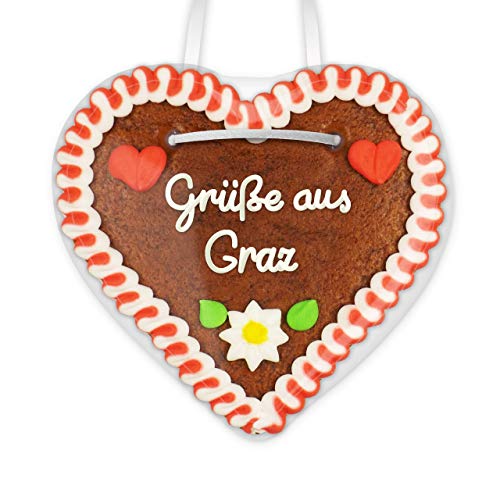 Lebkuchenherz 12cm mit Spruch - Grüße aus Graz | Lebkuchen Herz Geschenkideen | Give aways & nette Grüße verschicken | Kleine Oktoberfest Lebkuchenherzen günstig kaufen von LEBKUCHEN WELT von Lebkuchenwelt