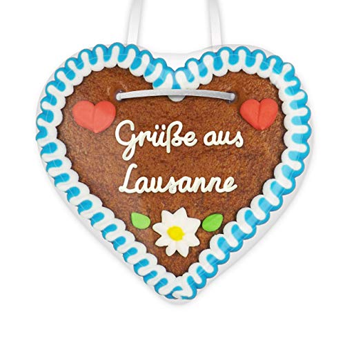 Lebkuchenherz 12cm mit Spruch - Grüße aus Lausanne | Give aways & Geschenke Ideen | Grüße verschicken | Oktoberfest Lebkuchen Herz | Kleine Lebkuchenherzen günstig bestellen von LEBKUCHEN WELT von Lebkuchenwelt