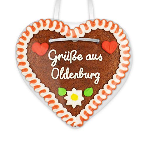 Lebkuchenherz 12cm mit Spruch - Grüße aus Oldenburg | Lebkuchen Herz Geschenkideen | Give aways & nette Grüße verschicken | Kleine Oktoberfest Lebkuchenherzen günstig bestellen von LEBKUCHEN WELT von Lebkuchenwelt