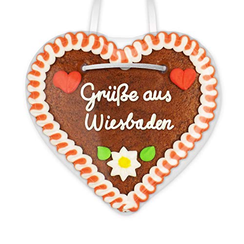 Lebkuchenherz 12cm mit Spruch - Grüße aus Wiesbaden | Ideen für Give away & Geschenke zum Versenden | nette Grüße verschicken | Kleine Oktoberfest Lebkuchenherzen günstig bestellen von LEBKUCHEN WELT von Lebkuchenwelt