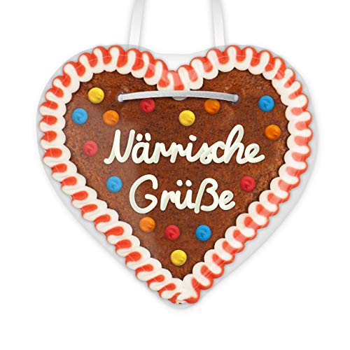 Lebkuchenherz 12cm mit Spruch - Närrische Grüße | Lebkuchenherz Karnevalgrüße verschenken | Gastgeschenk für Faschingsparty & Karneval | Lebkuchen Herz günstig bestellen von LEBKUCHEN WELT von Lebkuchenwelt