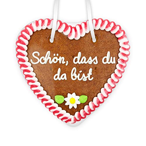 Lebkuchenherz 14cm - Schön, dass du da bist | bayerische Gastgeschenke Mitbringsel & Mitgebsel Geschenkideen Firmenevent Veranstaltungen Feier Party & Oktoberfest Veranstaltungen von LEBKUCHEN WELT von Lebkuchenwelt