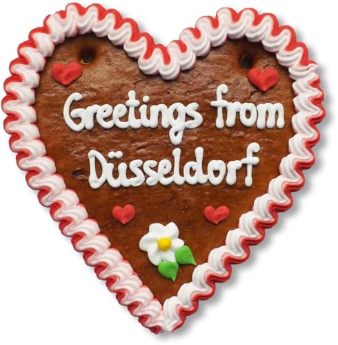 Lebkuchenherz 16cm mit Spruch - Greetings from Düsseldorf | Lebkuchen Herz & nette Grüße senden | International Grüße aus Düsseldorf verschicken | Lebkuchenherzen online kaufen von LEBKUCHEN WELT von Lebkuchenwelt