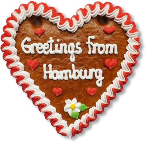 Lebkuchenherz 16cm mit Spruch - Greetings from Hamburg | Lebkuchen Geschenke & nette Grüße verschicken | International Grüße aus Hamburg versenden | Lebkuchenherzen bestellen von LEBKUCHEN WELT von Lebkuchenwelt