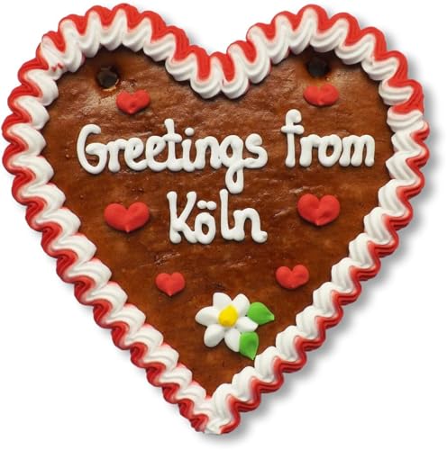 Lebkuchenherz 16cm mit Spruch - Greetings from Köln | Lebkuchen Geschenke & nette Grüße verschicken | International Grüße aus Köln versenden | Lebkuchenherzen online bestellen von LEBKUCHEN WELT von Lebkuchenwelt