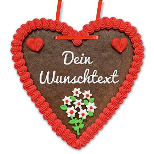 Lebkuchenherz 21 x 22cm individuell mit Text nach Wunsch - Farbe: rot - mit Zucker-Blumen und Herzen - tolle Geschenkidee für Freund & Freundin - herz-liche Botschaft zum Vernaschen von Lebkuchenwelt