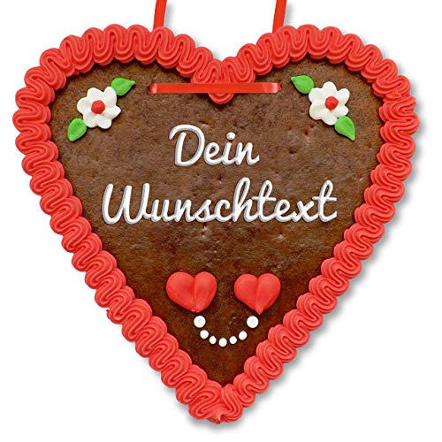 Lebkuchenherz 21 x 22cm individuell mit Text nach Wunsch - Farbe: rot - tolle Geschenkidee von Lebkuchenwelt