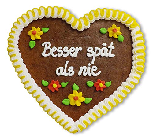 Lebkuchenherz 23cm mit Spruch - Besser spät als nie | Herz Dekoration mit Spruch | Schöne Wandsprüche & Wanddeko | Sprüche für die Wand | Lebkuchenherzen günstig bestellen von LEBKUCHEN WELT von Lebkuchenwelt