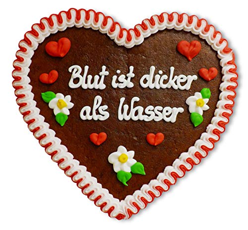 Lebkuchenherz 23cm mit Spruch - Blut ist dicker als Wasser | Herz Dekoration mit Sprichwort | Familien Wandsprüche für Wohnzimmer | Lebkuchenherzen günstig online bestellen von LEBKUCHEN WELT von Lebkuchenwelt