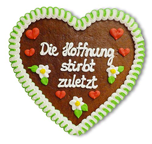 Lebkuchenherz 23cm mit Spruch - Die Hoffnung stirbt zuletzt | Herz Dekoration mit Spruch | Schöne Wandsprüche & Wanddeko | Sprüche für die Wand | Lebkuchenherzen online kaufen von LEBKUCHEN WELT von Lebkuchenwelt