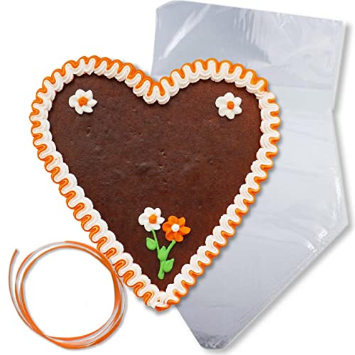 Lebkuchenherz Rohling - Rand und Deko F3 orange-weiß - 21cm - zum selber beschriften, inkl. transparenter Wiederverpackung (1x170g) von Lebkuchenwelt