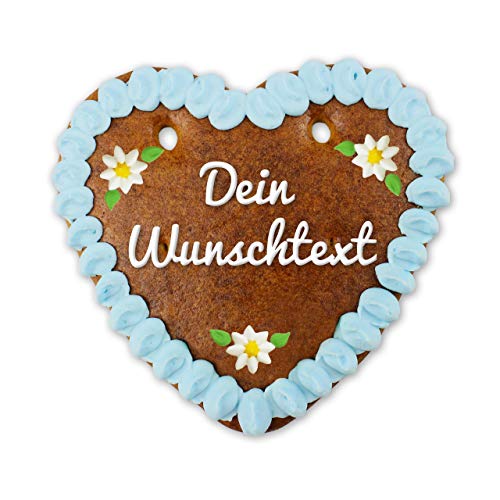 Lebkuchenherz personalisiert mit Text -mit bayerischem Edelweiß-Design - jetzt ganz einfach Wunschtext hochladen und ein ganz eigenes Herz wie von der Wiesn oder Oktoberfest erhalten von Lebkuchenwelt