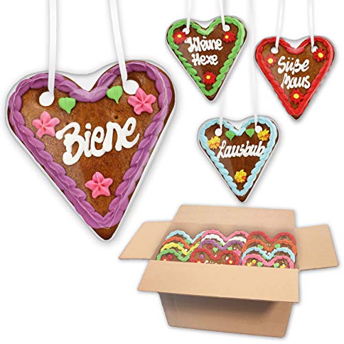 64 Stück Lebkuchen Herzen Mischkarton mit gemischten Wiesn Sprüchen - 14cm Lebkuchenherzen - Gastgeschenke für Oktoberfest Mottoparty - Bunte Lebkuchenherz Deko für Ihr Oktoberfest LEBKUCHEN WELT von Lebkuchenwelt