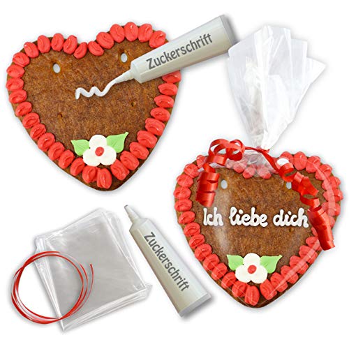 Lebkuchenherzen selber Beschriften mit Zuckerguss-Tube - Rohlinge Set - 15cm - Randfarbe: Rot von LEBKUCHEN WELT von Lebkuchenwelt