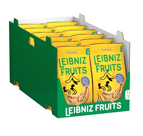 LEIBNIZ Fruits Banane, 12er Pack, Dinkelkekse mit Bananengeschmack, kleine Kekse mit 100% Dinkelmehl & der Süße aus Früchten, Nutri-Score A, vegan, Großpackung als Vorrat oder zum Verkauf (12 x 100 g) von Leibniz