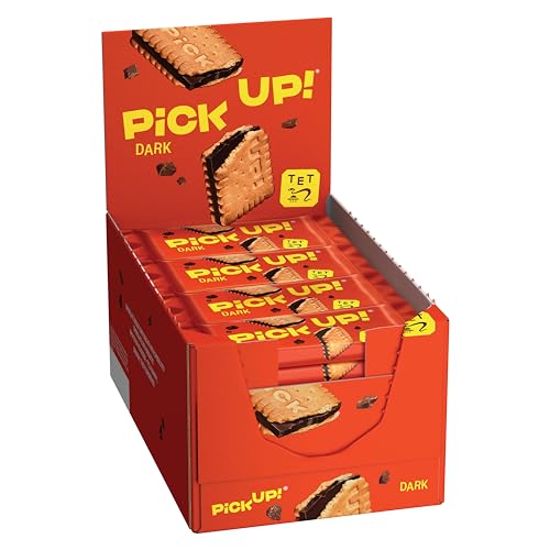 PiCK UP! Dark (24 x 28 g), Riegel mit knackig dunkler Schokoladentafel zwischen zwei knusprigen Keksen, der Snack für unterwegs, Thekenaufsteller mit 24 Stück von PiCK UP!