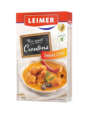 LEIMER Croutons Sweet Chili 100 g - Zart geröstet, mit Gewürzen verfeinert, aus frisch gebackenem Weißbrot, perfekt für Salate, Suppen, Knabbergebäck - Vegan (1 x 100g) von Leimer