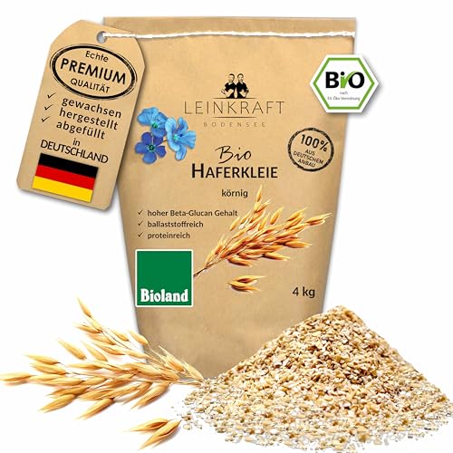 4kg Deutsche Bio Haferkleie körnig mit Keim Protein- und Ballaststoffreich von Leinkraft Bodensee