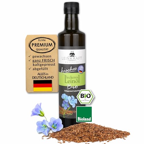 Leckeres Bio-Leinöl 500 ml frisch gepresst | aus 100% deutscher Bioland Leinsaat | direkt ungefiltert abgefüllt | reich an Omega 3 und Lignanen - Leinsamenöl in Rohkostqualität von Leinkraft Bodensee
