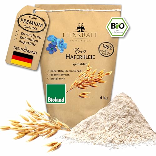 Deutsche Bio-Haferkleie gemahlen feines Mehl mit Keim Proteinreich 4Kg hoher Ballaststoffgehalt von Leinkraft Bodensee