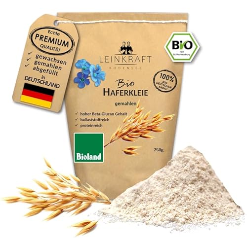 Deutsche Bio-Haferkleie gemahlen feines Mehl mit Keim Proteinreich 750g hoher Ballaststoffgehalt von Leinkraft Bodensee