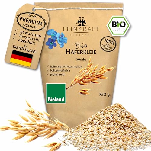 Deutsche Bioland Haferkleie 750g mit Keim Proteinreich hoher Ballaststoffgehalt von Leinkraft Bodensee