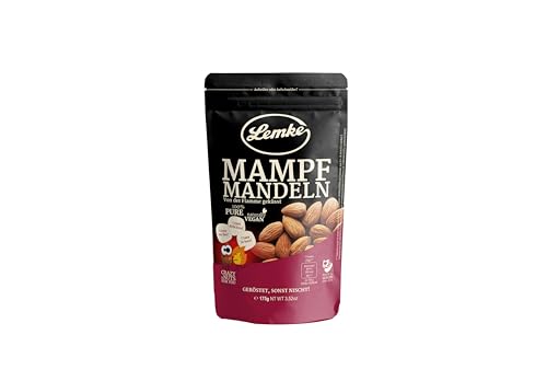 Lemke Mampfmandeln 175g Packung– Ganze Mandeln geröstet, ohne Salz, ohne Öl – Knackiger Snack - volles Aroma durch Feuerröstung von Lemke - Feines Berliner Marzipan seit 1902