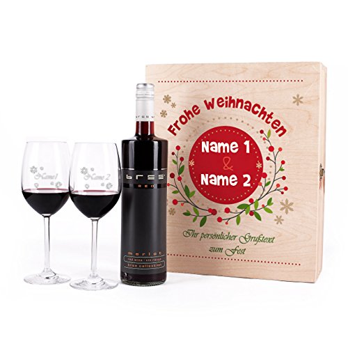 Leonardo 4tlg. Weinset zu Weihnachten mit gravierten Gläsern u. BREE Rotwein in Geschenkkiste von LEONARDO HOME