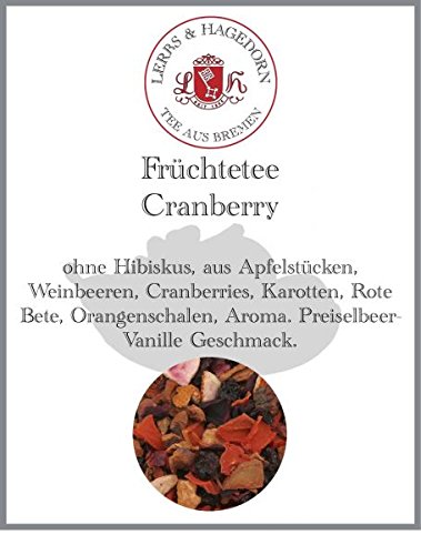 Lerbs & Hagedorn, Früchtetee Cranberry | Preiselbeer-Vanille Geschmack 1kg (ca. 50 Liter) ohne Hibiskus, aus Apfelstücken, Weinbeeren, Cranberries von Lerbs & Hagedorn