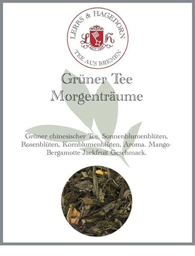 Lerbs & Hagedorn, Grüner Tee Morgenträume 1kg | Mango-Bergamotte-Jackfruit Geschmack 1kg (Ca. 81 Liter) Sonnenblumenblüten, Rosenblüten, Kornblumenblüten von Lerbs & Hagedorn Bremen