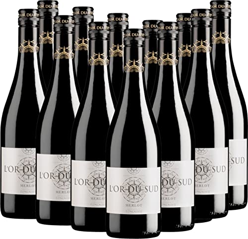 VINELLO 12er Weinpaket Rotwein - L'Or du Sud Merlot Pays D'Oc IGP - Les Vignobles Foncalieu mit einem VINELLO.weinausgießer | 12 x 0,75 Liter von Les Vignobles Foncalieu