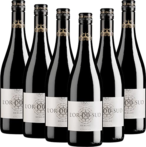 VINELLO 6er Weinpaket Rotwein - L'Or du Sud Merlot Pays D'Oc IGP - Les Vignobles Foncalieu mit einem VINELLO.weinausgießer | 6 x 0,75 Liter von Les Vignobles Foncalieu
