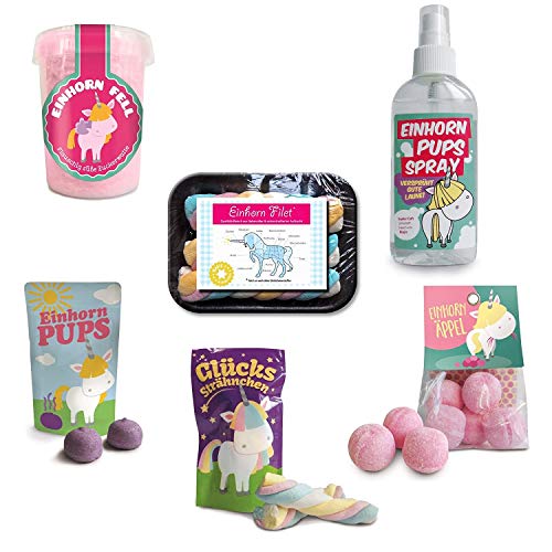 Einhorn Mega Geschenk-Set - Einhorn-Fell, Einhorn-Äppel, Einhorn-Pups, Einhorn-Filet, Einhorn-Stückchen, Glückssträhnchen (6er Pack, 158g) von Liebeskummerpillen