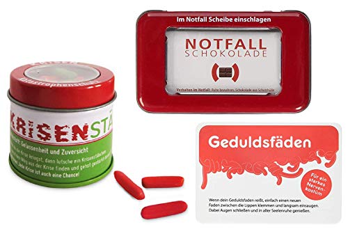 Liebeskummerpillen - 3er Krisen-Geschenk-Set aus Notfallschokolade, Fruchtgummi Geduldsfäden und Krisenstäben von Liebeskummerpillen