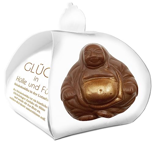 Schokobuddha Glück in Hülle und Fülle | feinste Buddha Praline aus direct trade Schokolade | Faltschachtel in Lotusblütenform von Liebeskummerpillen