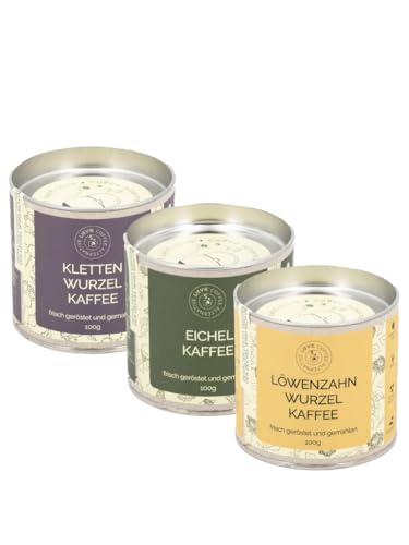 Drei Kaffeealternativen-Set von LIEVIE. Koffeinfreie Kaffeealternativen 300g - EICHELKAFFEE, LÖWENZAHNWURZELKAFFEE, KLETTENWURZELKAFFEE (neues Dosengewicht für Löwenzahnwurzelkaffee) von Lievie