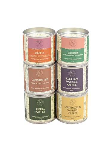 Sechs Kaffeealternativen-Set von LIEVIE. Koffeinfreie Kaffeealternativen 600g - EICHELKAFFEE, LÖWENZAHNWURZELKAFFEE, KLETTENWURZELKAFFEE, GEWÜRZTEE, EICHOR und KAFFIA Sechs Kaffeealternativen-Set von LIEVIE. Koffeinfreie Kaffeealternativen 600g - EICHELKAFFEE, LÖWENZAHNWURZELKAFFEE, KLETTENWURZELKAFFEE, GEWÜRZTEE, EICHOR und KAFFIA von Lievie
