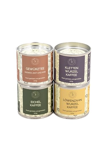 Vier Kaffeealternativen-Set von LIEVIE. Koffeinfreie Kaffeealternativen 400g - EICHELKAFFEE, LÖWENZAHNWURZELKAFFEE, KLETTENWURZELKAFFEE und GEWÜRZTEE (neues Dosengewicht für Löwenzahnwurzelkaffee) von Lievie
