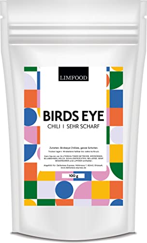 Limfood | 100g Birds Eye Chili Schoten ganz getrocknet, sehr scharfe Chilis, fruchtige schärfe, intensives Chilischoten Aroma, Vogelaugenchilis von Limfood