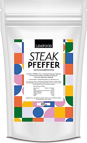 Limfood | 200 Steakpfeffer, grober Steak Pfeffer, zum würzen, grillen & BBQ, typische Gewürzzubereitung für Steak geschrotet von Limfood