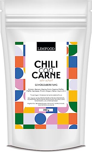 Limfood | 200g Chili con Carne Gewürz - extra scharf, Gewürzmischung für pikantes Chili con Carne & feurige Eintöpfe - auch vegetarisch und vegan, Gewürzzubereitung für die mexikanische Küche von Limfood