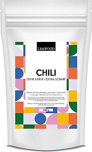 Limfood | 200g Chili ohne Kerne - extra scharf - Chiliflocken geschrotet ohne Kerne - angenehme schärfe von Limfood